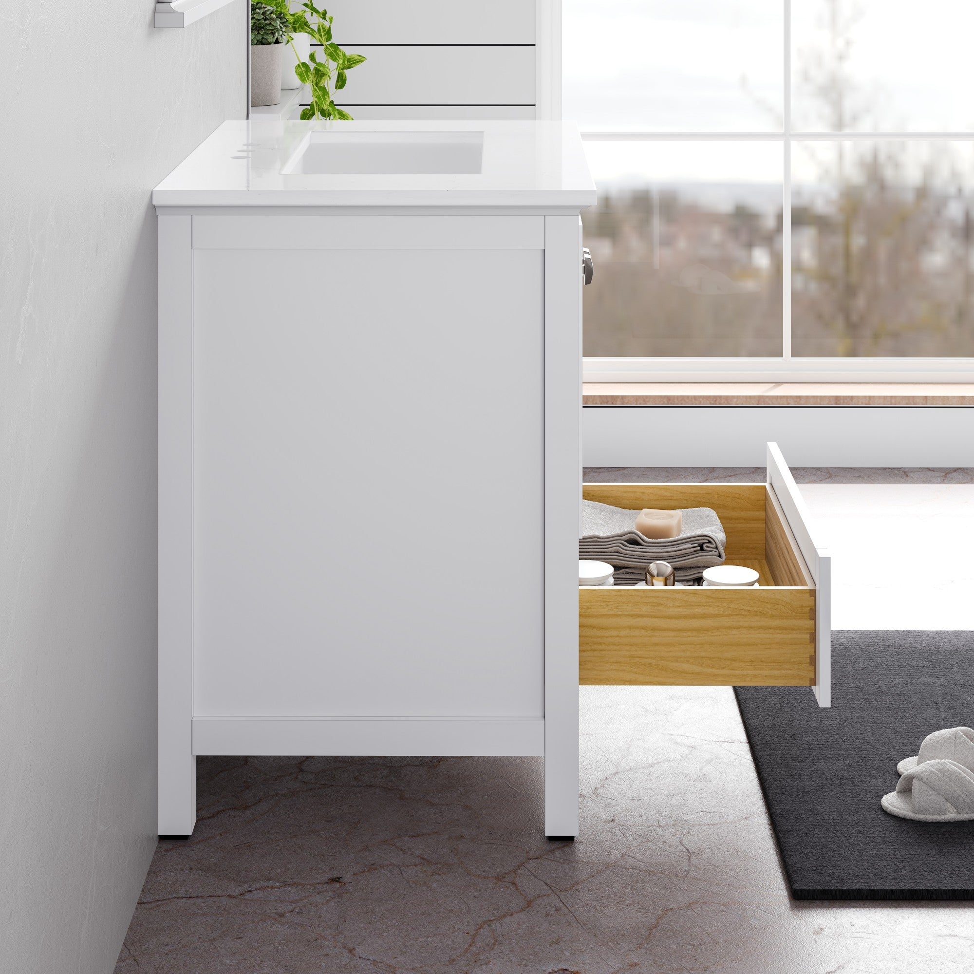 Britney 30 in. White Single Sink Bath Vanity with Carrara Quartz Top and Undermount Porcelain Sink - Bathroom Vanity by Eviva