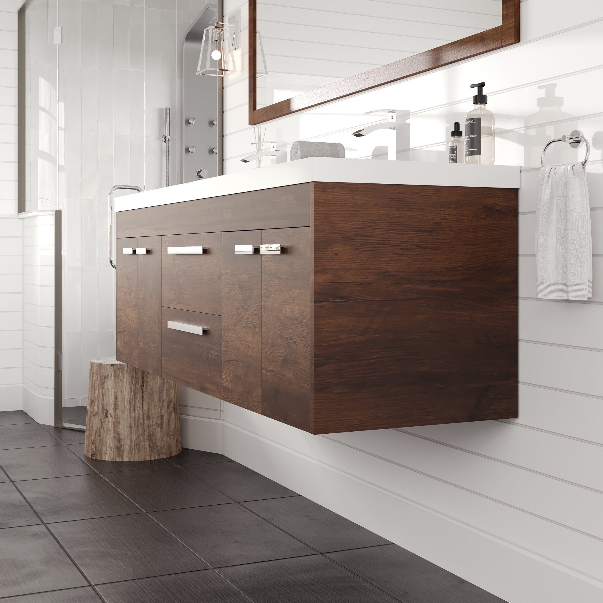 Lugano 60 in. Rosewood Wall Mount Double Sink Bath Vanity with Acrylic Top and Integrated Sinks - Bathroom Vanity by Eviva