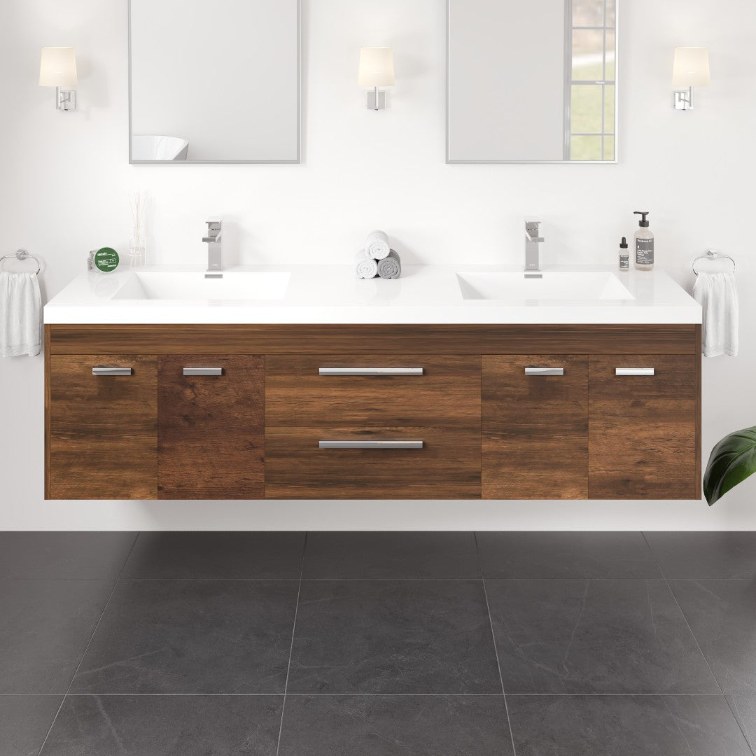 Modern rosewood wall mount double sink bathroom vanity with acrylic top and integrated sinks, featuring a realistic textured finish.