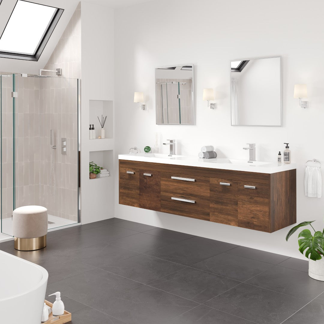 Lugano 72 in. Rosewood Wall Mount Double Sink Bath Vanity with Acrylic Top and Integrated Sinks