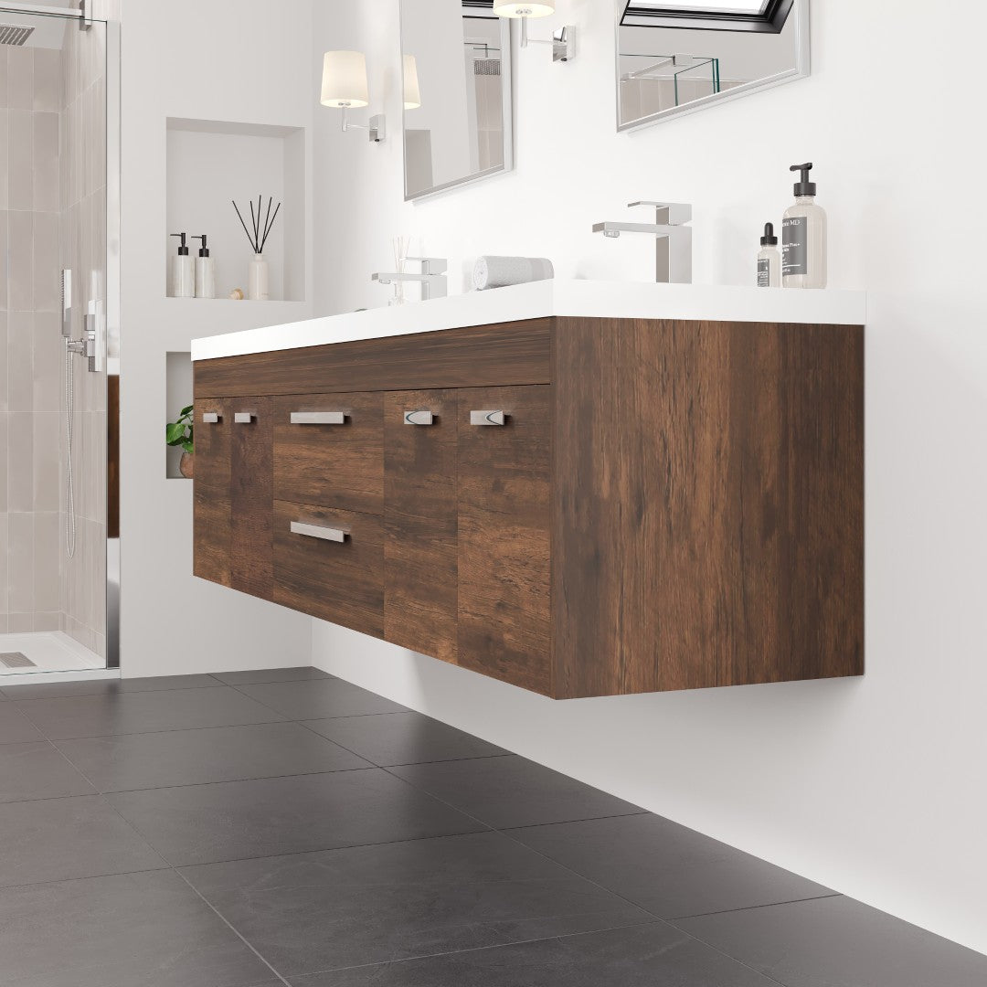 Lugano 72 in. Rosewood Wall Mount Double Sink Bath Vanity with Acrylic Top and Integrated Sinks