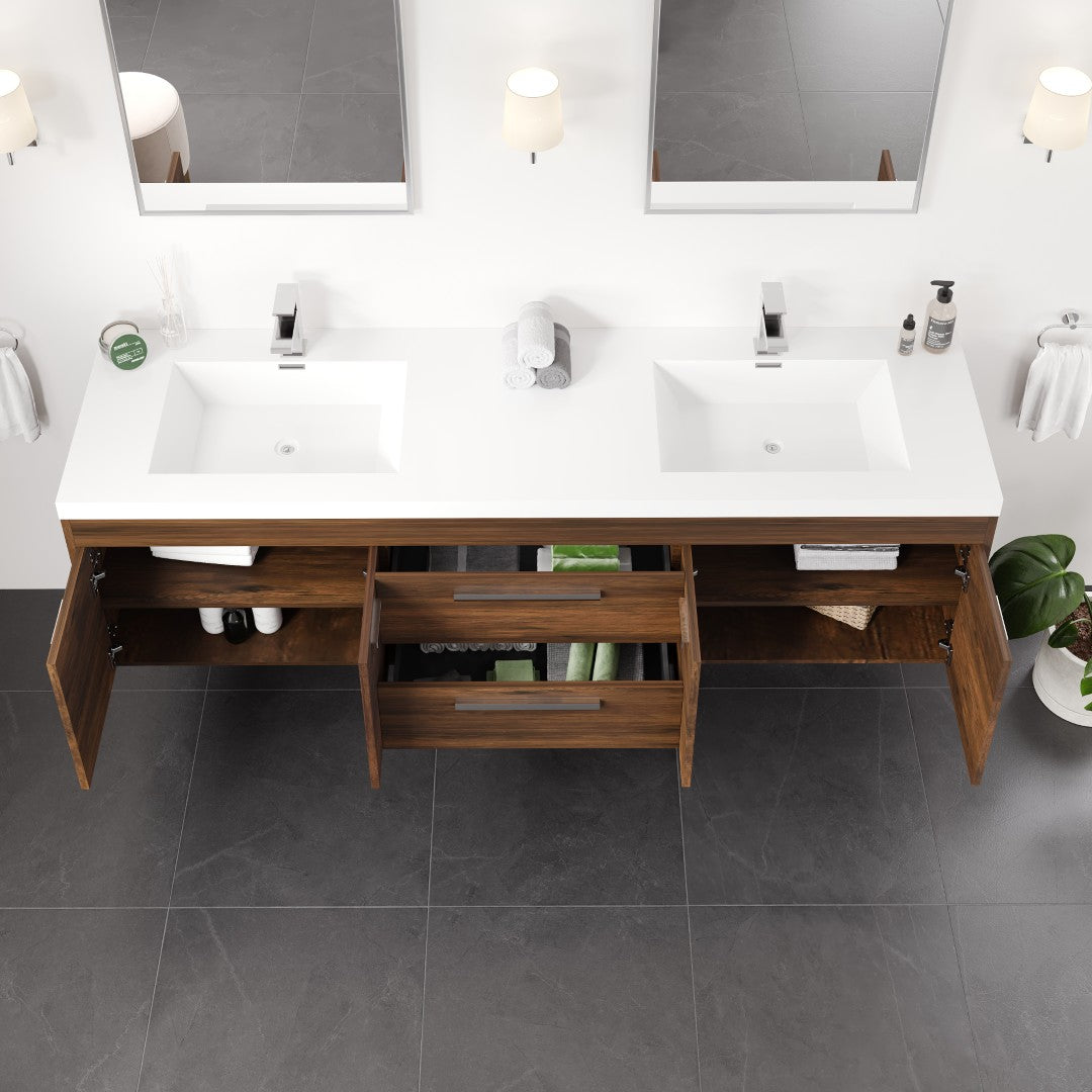 Lugano 72 in. Rosewood Wall Mount Double Sink Bath Vanity with Acrylic Top and Integrated Sinks