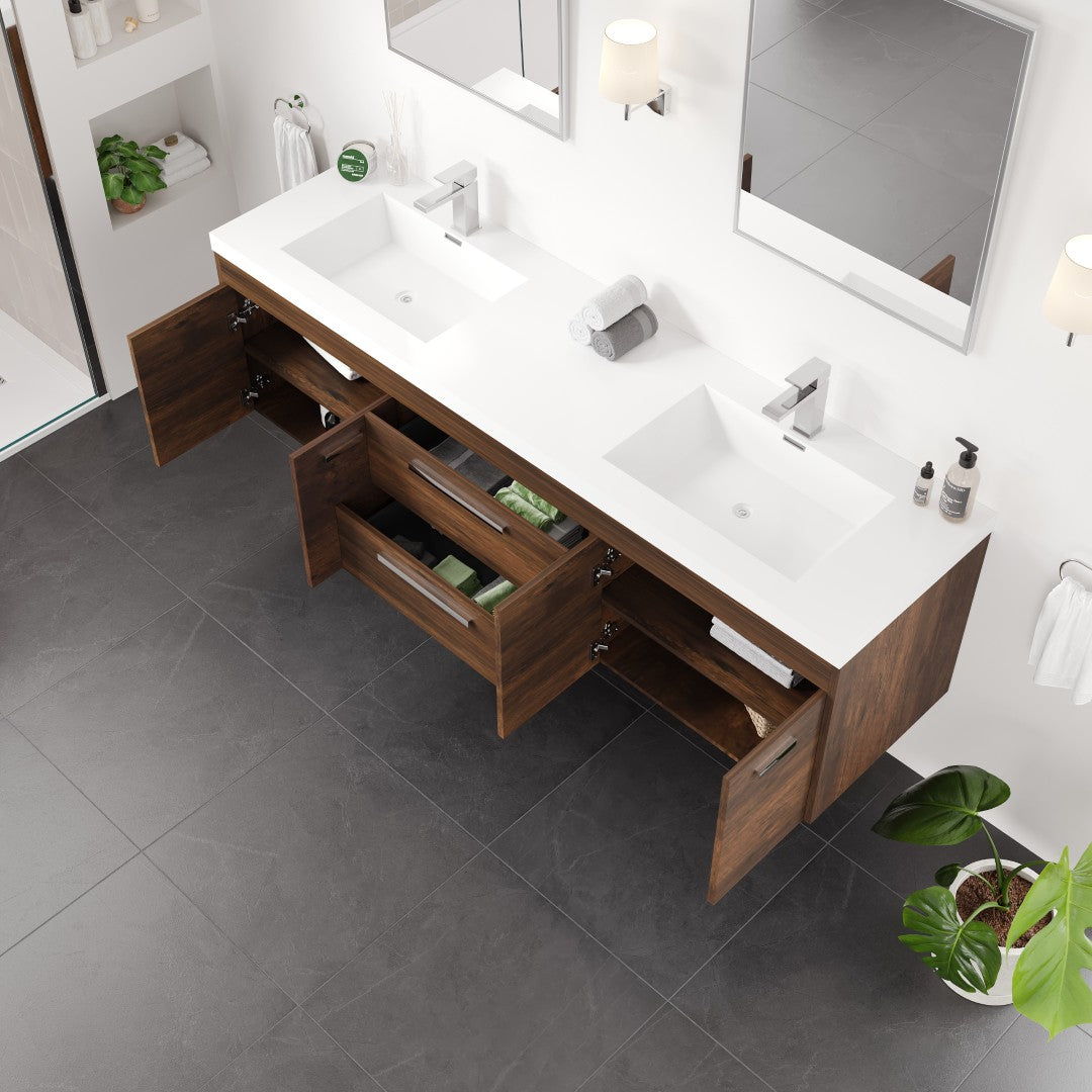 Lugano 72 in. Rosewood Wall Mount Double Sink Bath Vanity with Acrylic Top and Integrated Sinks