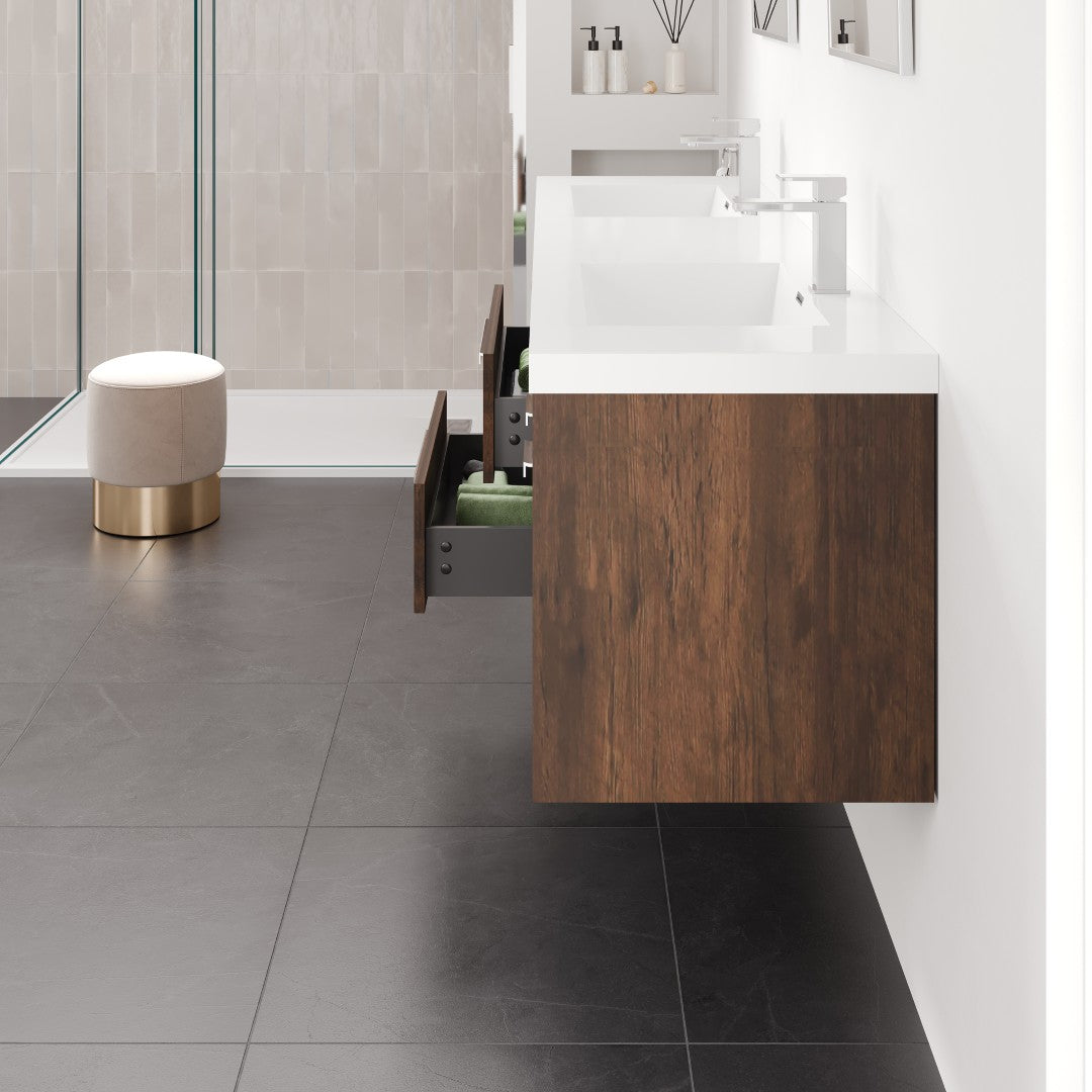 Lugano 72 in. Rosewood Wall Mount Double Sink Bath Vanity with Acrylic Top and Integrated Sinks