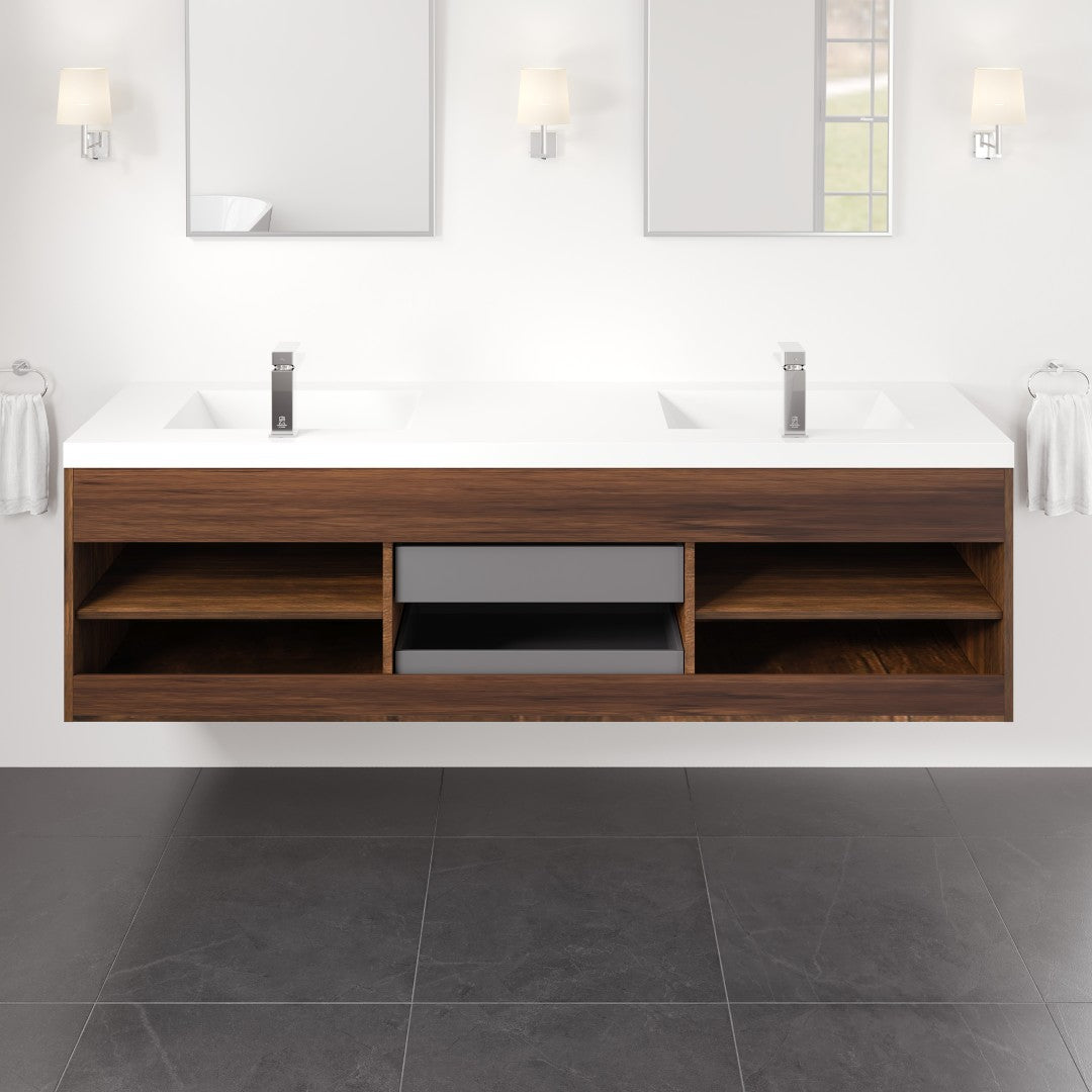 Lugano 72 in. Rosewood Wall Mount Double Sink Bath Vanity with Acrylic Top and Integrated Sinks