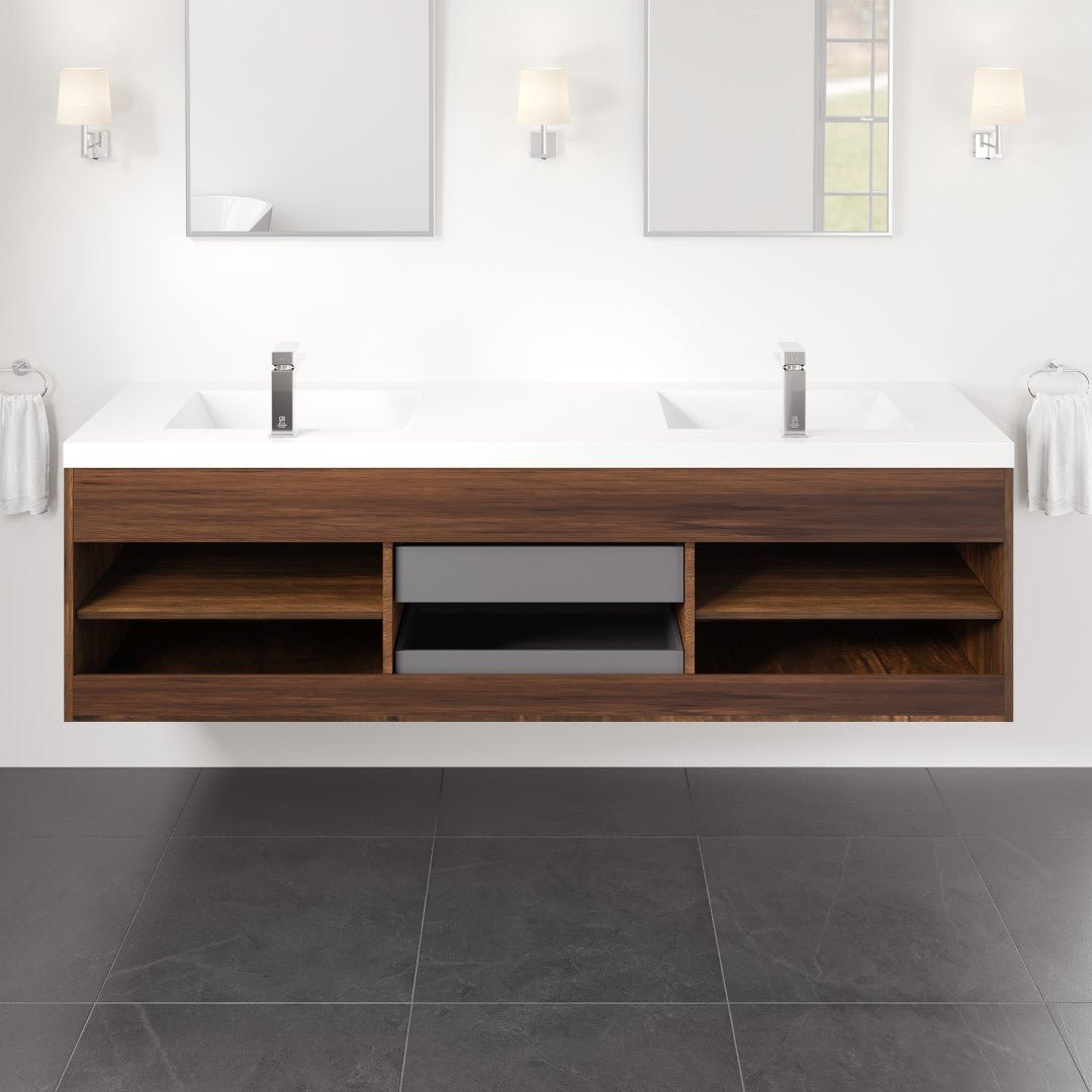 Lugano 72 in. Rosewood Wall Mount Double Sink Bath Vanity with Acrylic Top and Integrated Sinks - Bathroom Vanity by Eviva