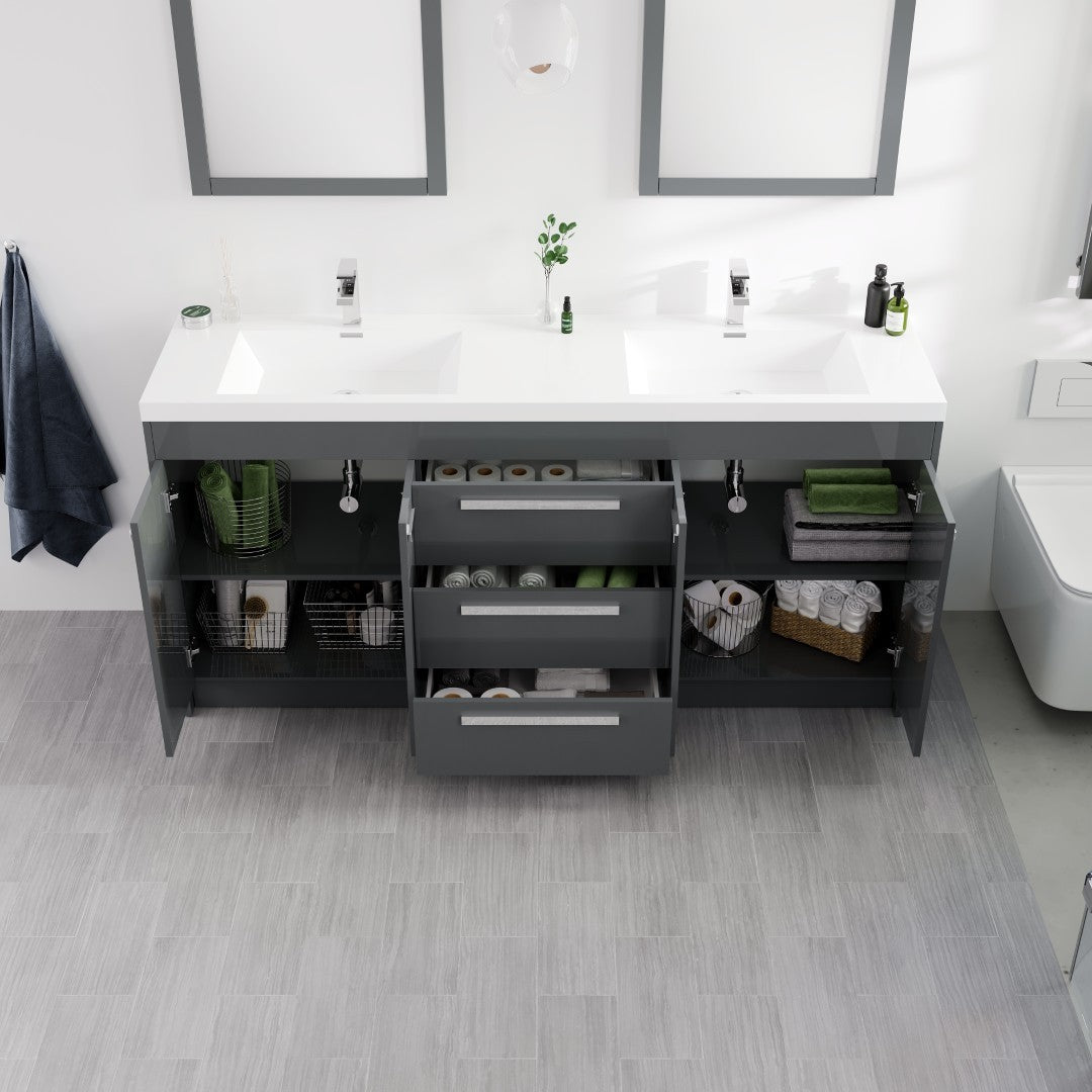 Lugano 72 in. Gray Double Sink Bath Vanity with Acrylic Top and Integrated Sinks