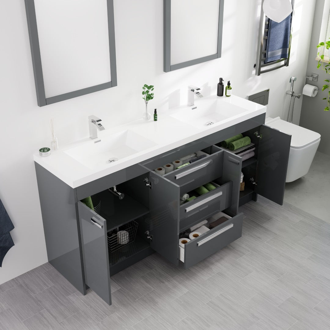 Lugano 72 in. Gray Double Sink Bath Vanity with Acrylic Top and Integrated Sinks