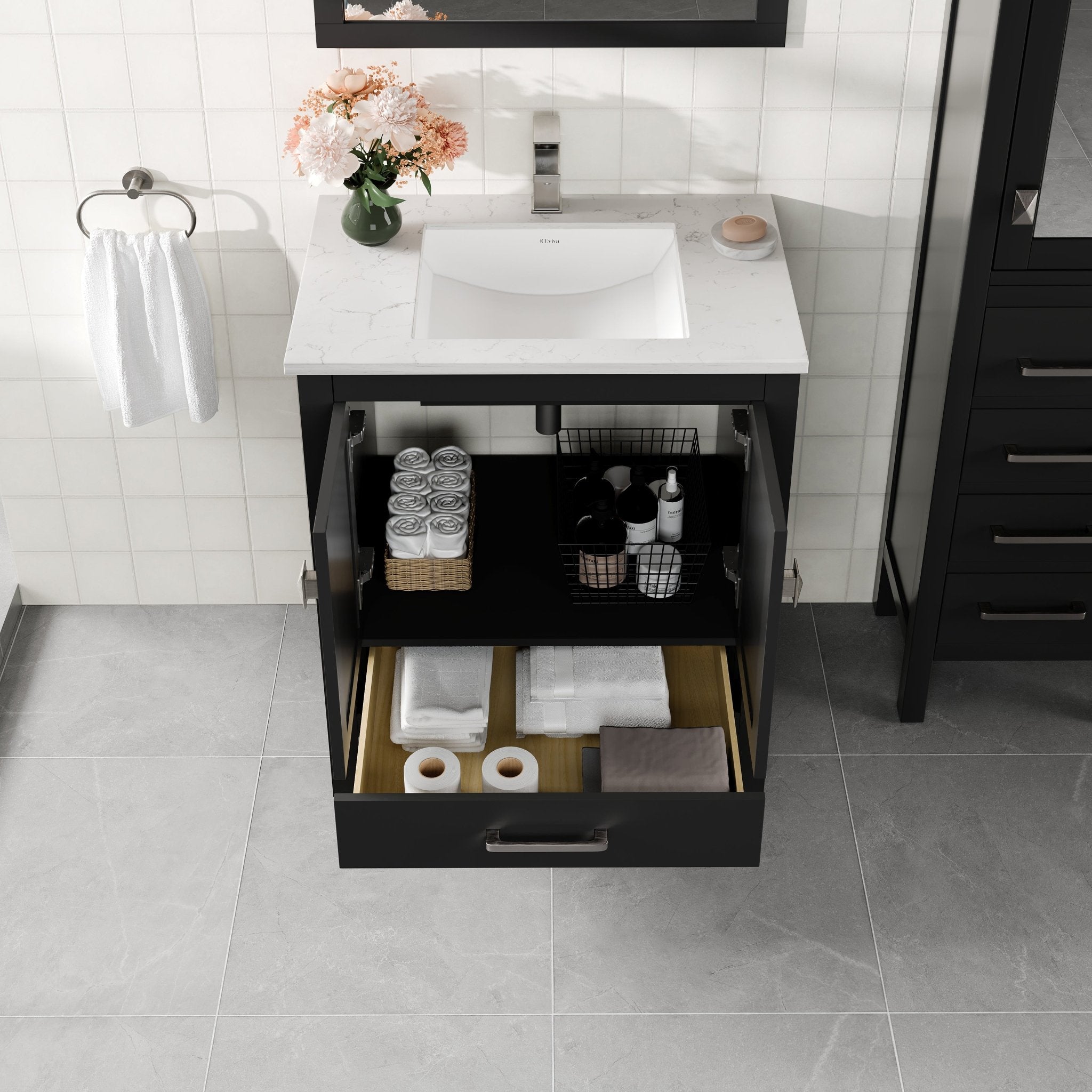 London 30 in. Espresso Single Sink Bath Vanity with Carrara Quartz Top and Undermount Porcelain Sink - Bathroom Vanity by Eviva