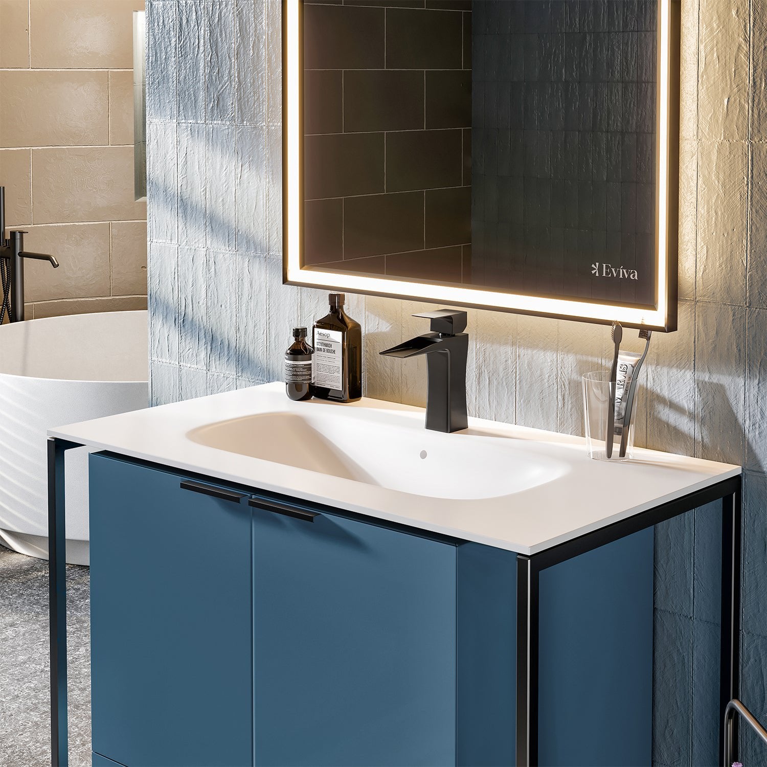Moma 32 in. Blue Wall Mount Single Sink Bath Vanity with Solid Surface Top and Integrated Sink