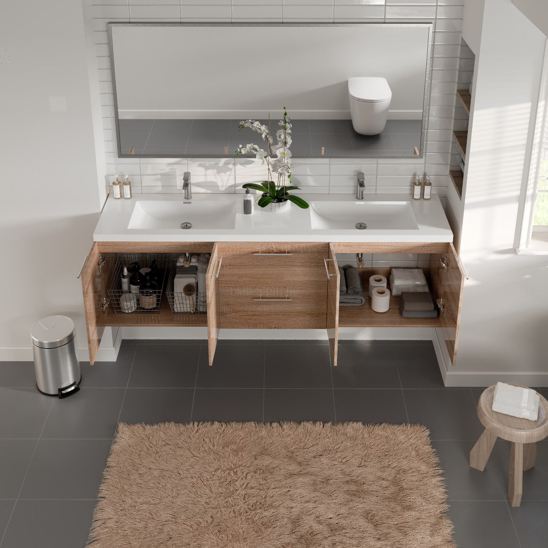 Axis 72 in. White Oak Wall Mount Double Sink Bath Vanity with Acrylic Top and Integrated Sinks
