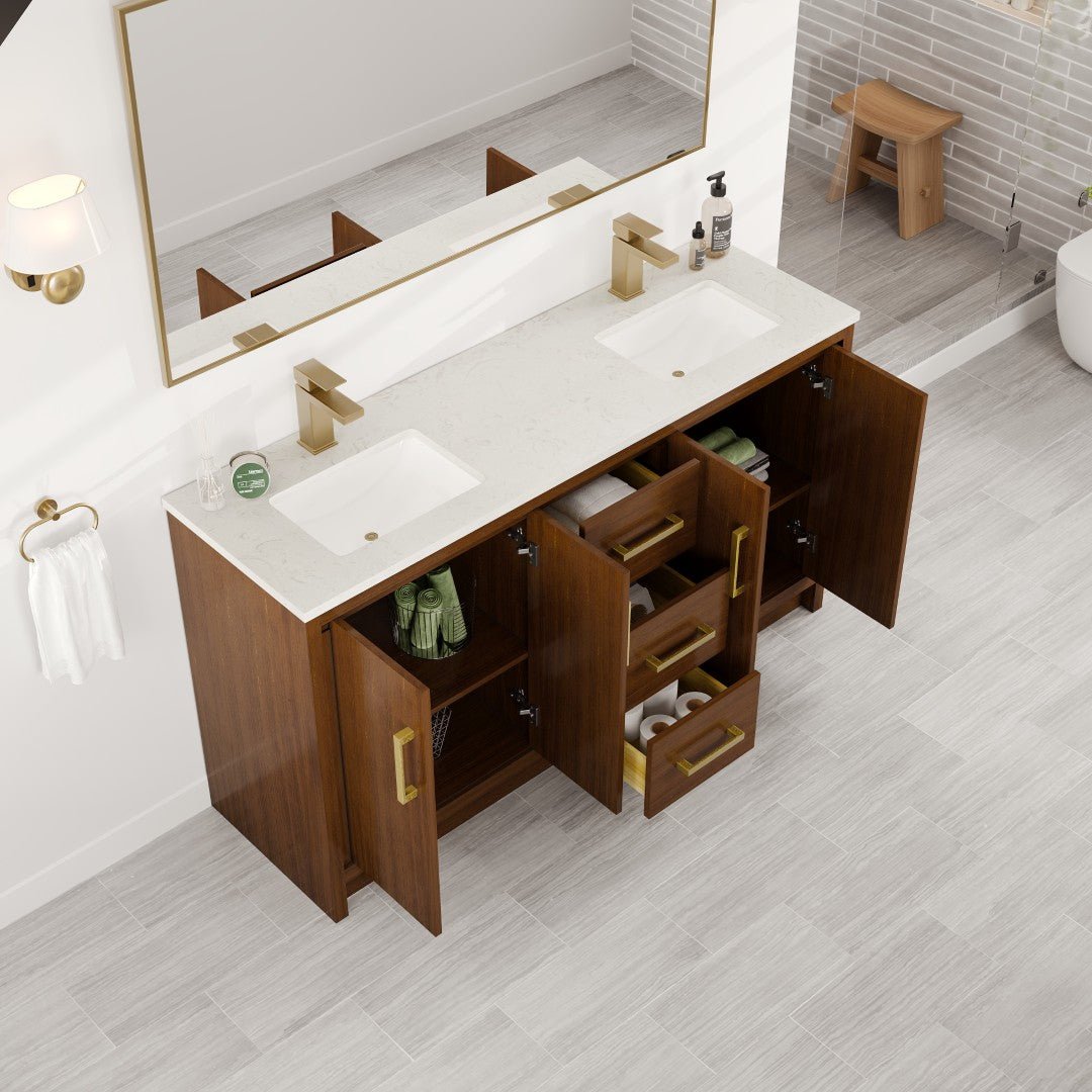 Curio 60 in. Walnut Double Sink Bath Vanity with Carrara Quartz Top and Undermount Porcelain Sinks - Bathroom Vanity by Eviva