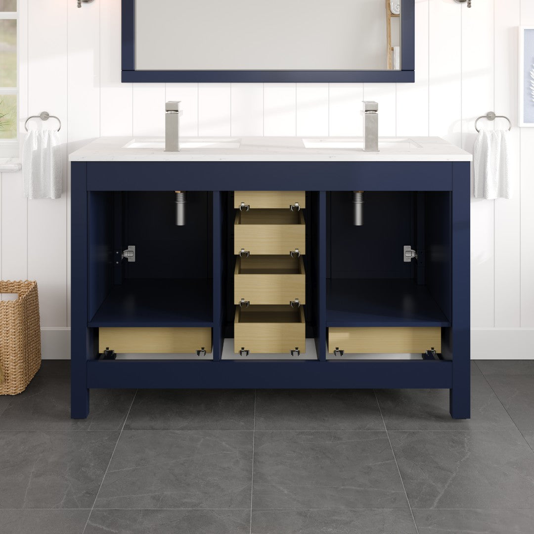 London 54 in. Blue Double Sink Bath Vanity with Carrara Quartz Top and Undermount Porcelain Sinks