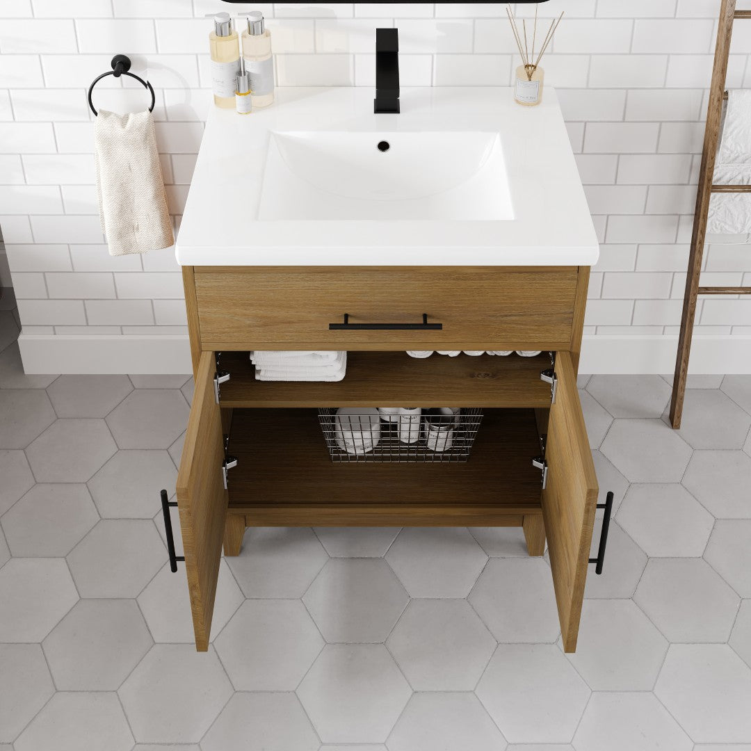 Graham 30 in. Oak Single Sink Bath Vanity with Porcelain Top and Integrated Sink