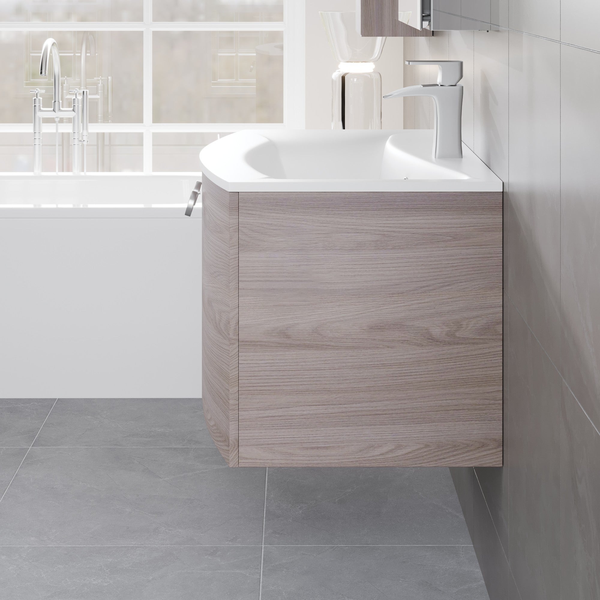 Romina 28 in. Gray Oak Wall Mount Single Sink Bath Vanity with Acrylic Top and Integrated Sink