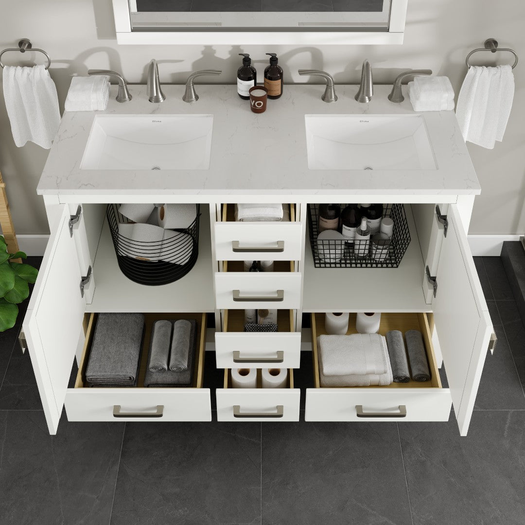Aberdeen 48 in. White Double Sink Bath Vanity with Carrara Quartz Top and Undermount Porcelain Sinks