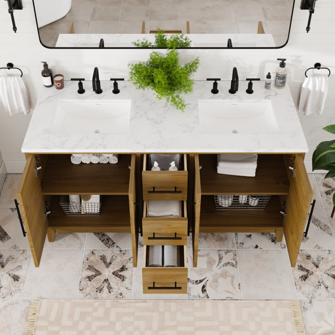 Graham 60 in. Oak Double Sink Bath Vanity with Arabescato Engineered Stone Top and Undermount Porcelain Sinks