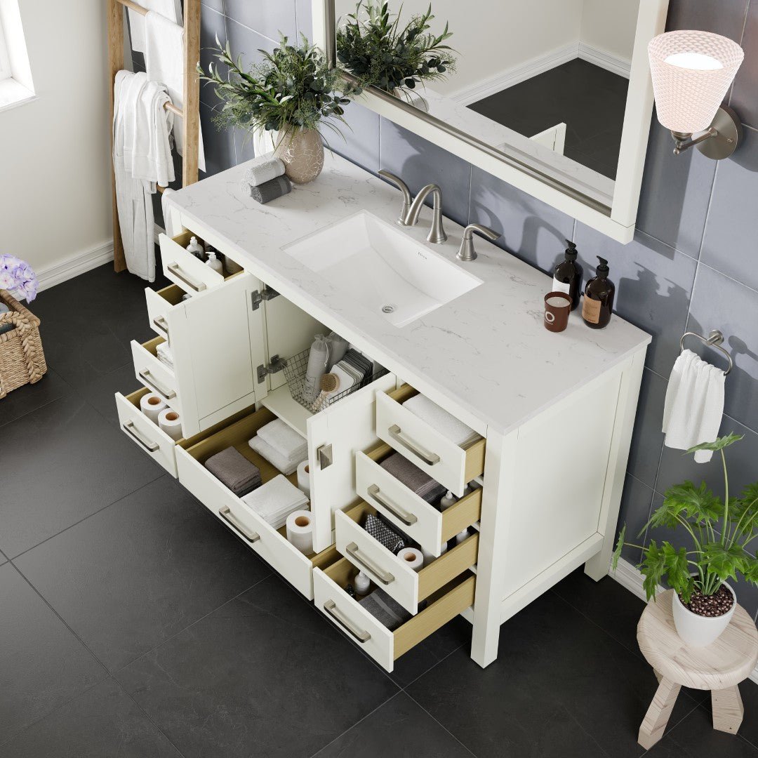 Aberdeen 54 in. White Single Sink Bath Vanity with Carrara Quartz Top and Undermount Porcelain Sink - Bathroom Vanity by Eviva