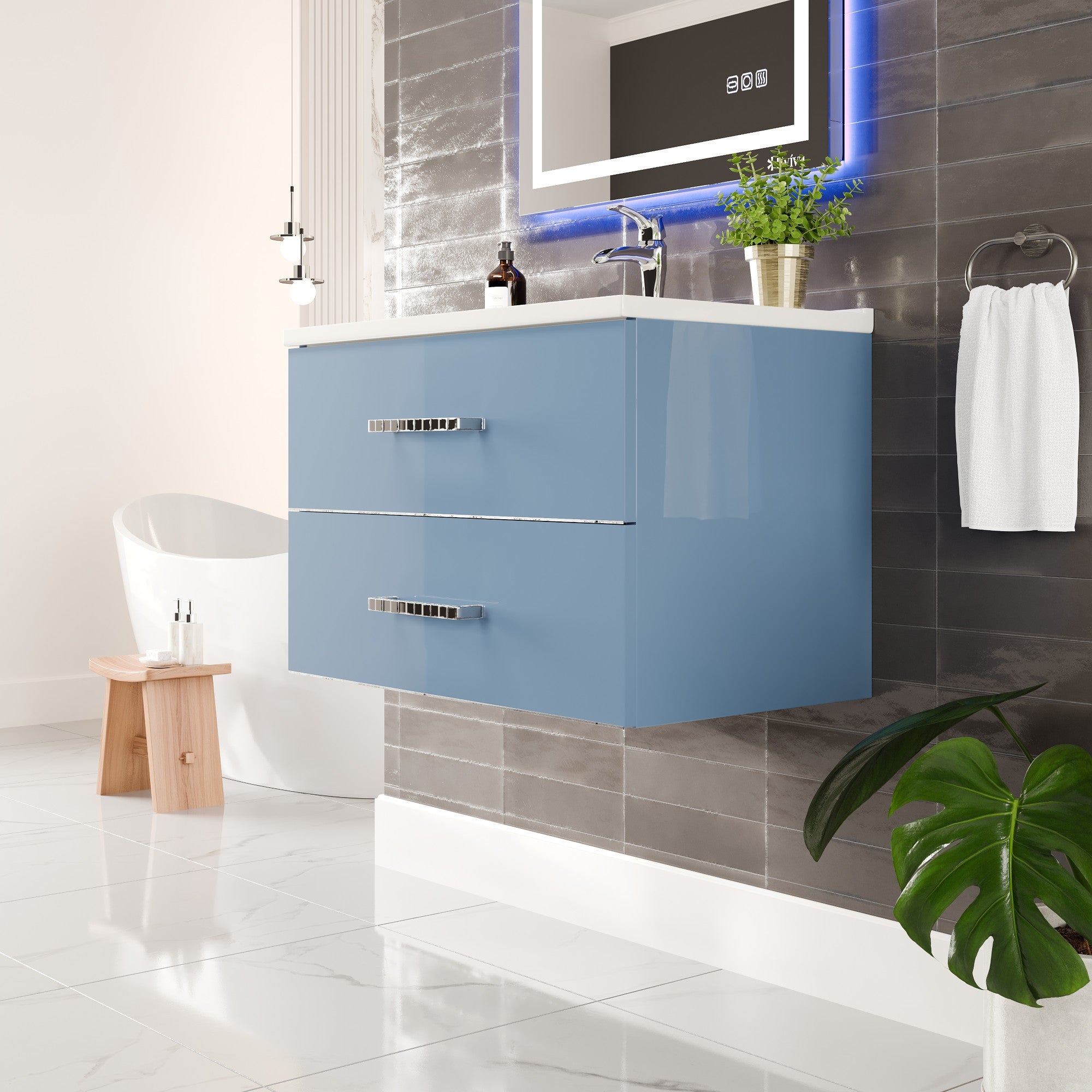 Daytona 32 in. Blue Wall Mount Single Sink Bath Vanity with Porcelain Top and Integrated Sink