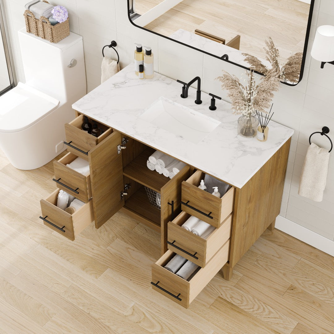 Graham 48 in. Oak Single Sink Bath Vanity with Arabescato Engineered Stone Top and Undermount Porcelain Sink