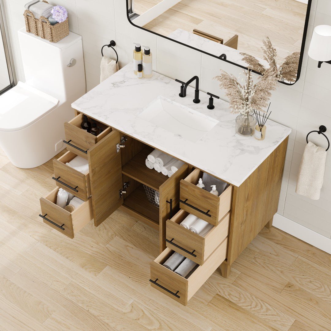 Graham 48 in. Oak Single Sink Bath Vanity with Arabescato Engineered Stone Top and Undermount Porcelain Sink - Bathroom Vanity by Eviva