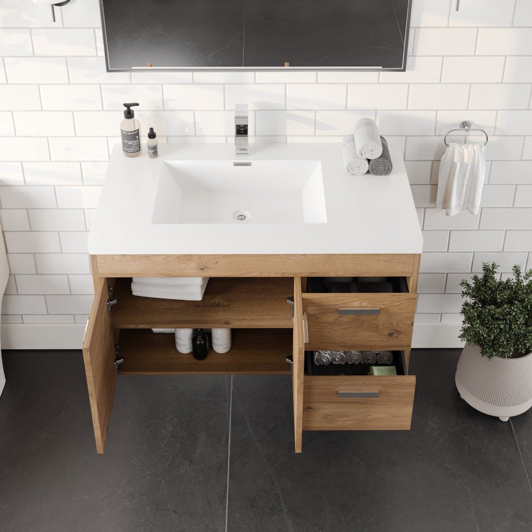 Lugano 36 in. Natural Oak Wall Mount Single Sink Bath Vanity with Acrylic Top and Integrated Sink - Bathroom Vanity by Eviva