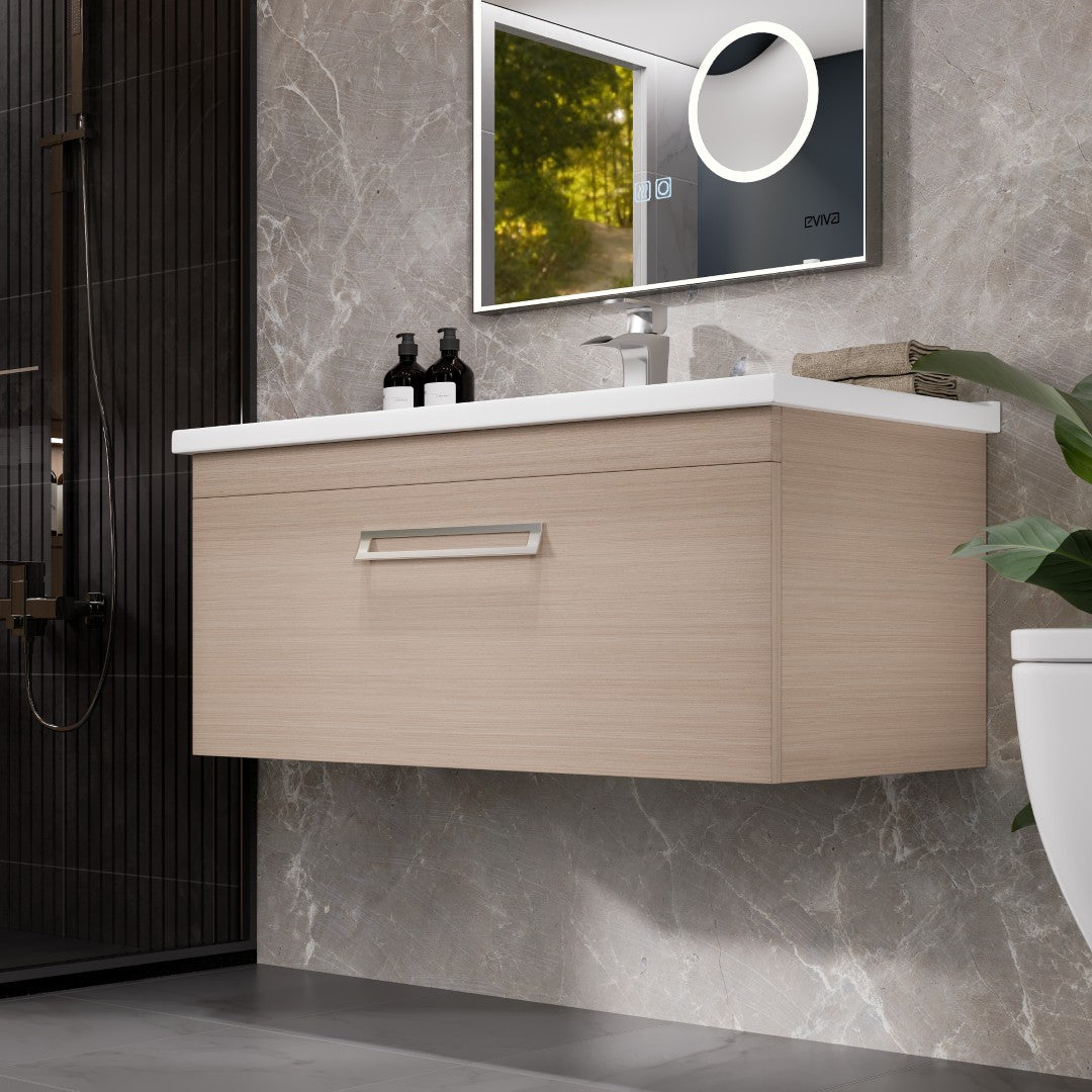Orleans 38 in. Light Oak Wall Mount Single Sink Bath Vanity with Porcelain Top and Integrated Sink