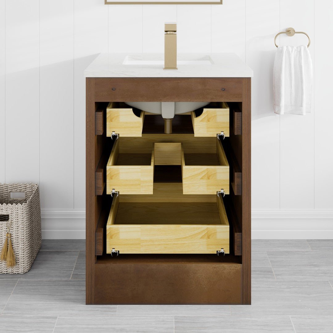Curio 24 in. Walnut Single Sink Bath Vanity with Carrara Quartz Top and Undermount Porcelain Sink - Bathroom Vanity by Eviva