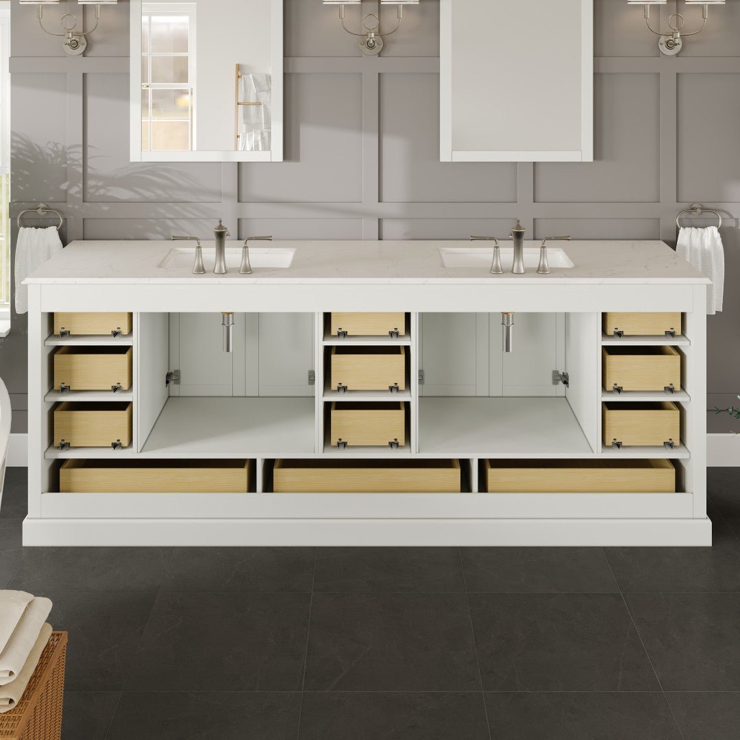 Storehouse 84 in. White Double Sink Bath Vanity with Carrara Quartz Top and Undermount Porcelain Sinks - Bathroom Vanity by Eviva