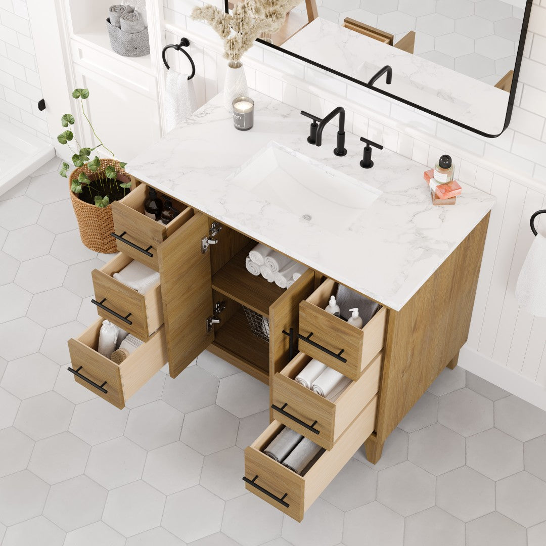 Graham 42 in. Oak Single Sink Bath Vanity with Arabescato Engineered Stone Top and Undermount Porcelain Sink