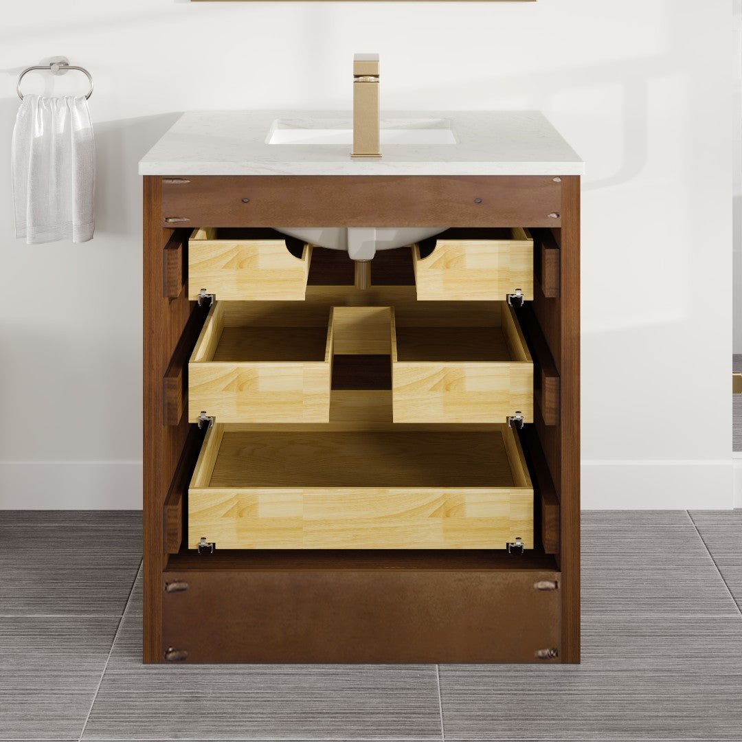 Curio 30 in. Walnut Single Sink Bath Vanity with Carrara Quartz Top and Undermount Porcelain Sink - Bathroom Vanity by Eviva