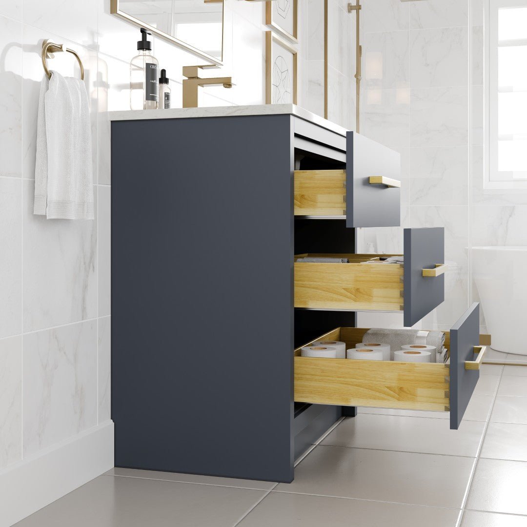 Curio 30 in. Dark Blue Single Sink Bath Vanity with Carrara Quartz Top and Undermount Porcelain Sink - Bathroom Vanity by Eviva