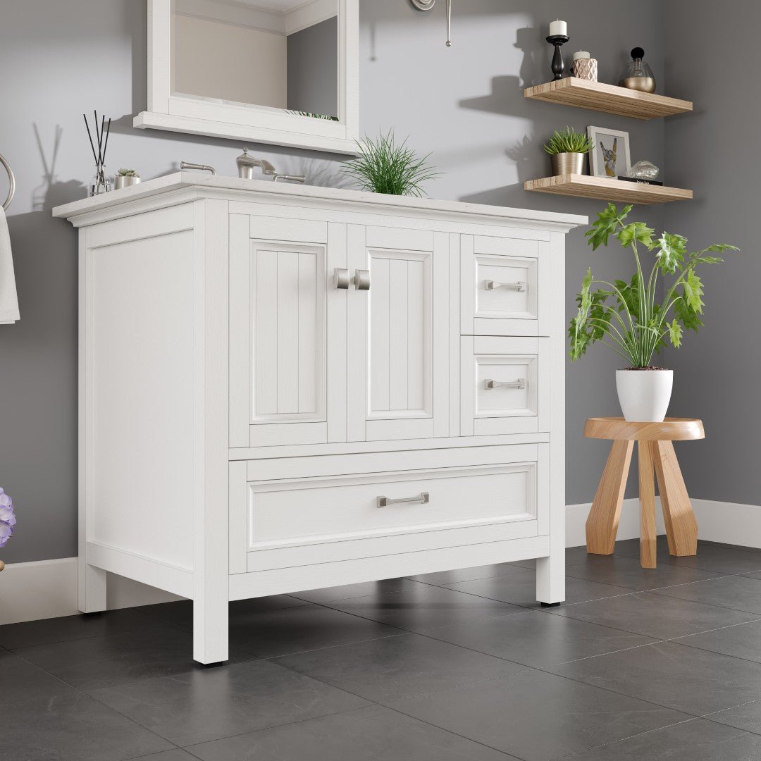 Britney 36 in. White Single Sink Bath Vanity with Carrara Quartz Top and Undermount Porcelain Sink - Bathroom Vanity by Eviva