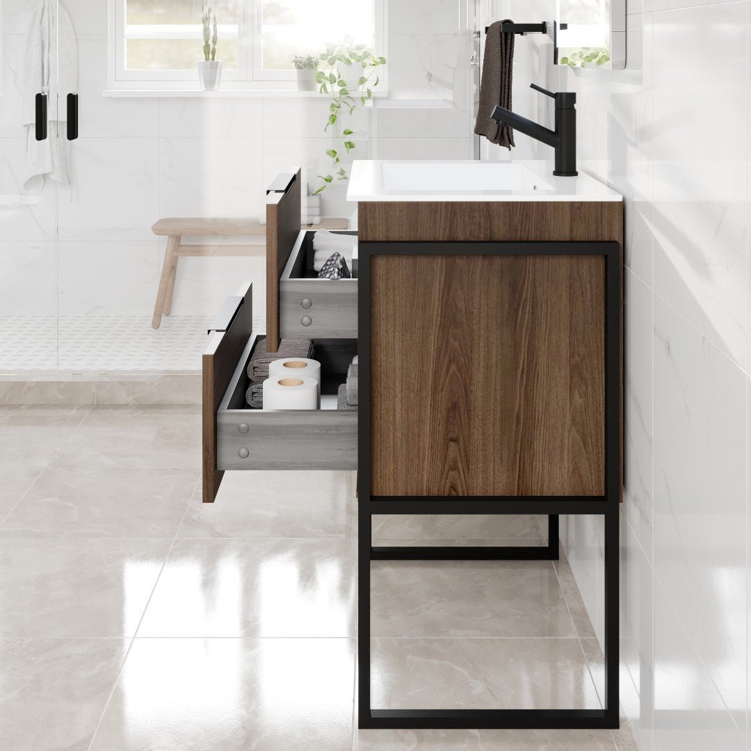 Marina 27 in. Dark Walnut Single Sink Bath Vanity with Porcelain Top and Integrated Sink