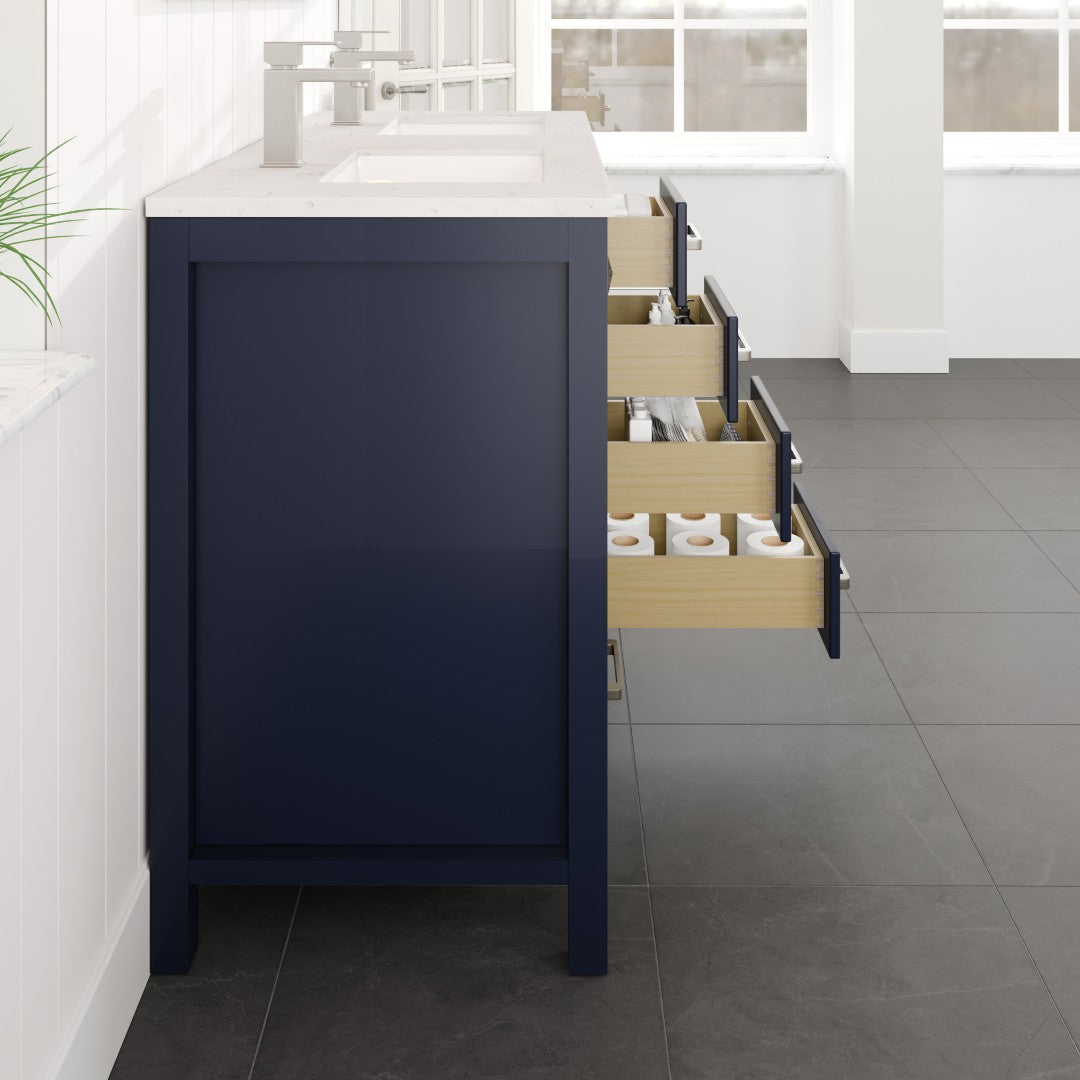 London 54 in. Blue Double Sink Bath Vanity with Carrara Quartz Top and Undermount Porcelain Sinks
