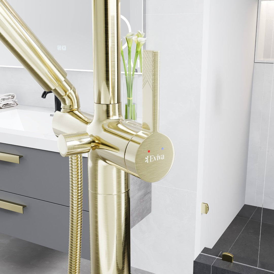 Eviva Modem Single-Handle Freestanding Tub Faucet with Hand Shower in Brushed Gold