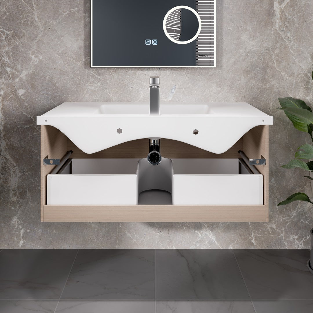 Orleans 38 in. Light Oak Wall Mount Single Sink Bath Vanity with Porcelain Top and Integrated Sink