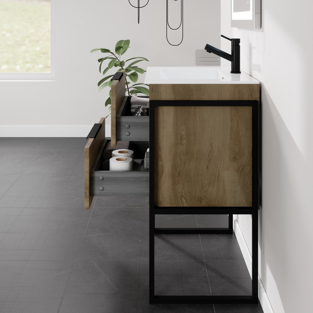 Marina 27 in. Natural Oak Single Sink Bath Vanity with Porcelain Top and Integrated Sink