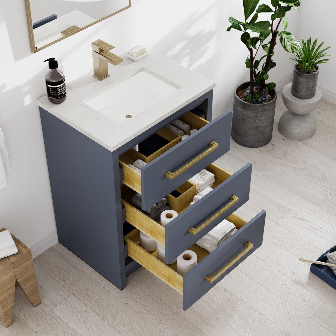 Curio 24 in. Dark Blue Single Sink Bath Vanity with Carrara Quartz Top and Undermount Porcelain Sink - Bathroom Vanity by Eviva