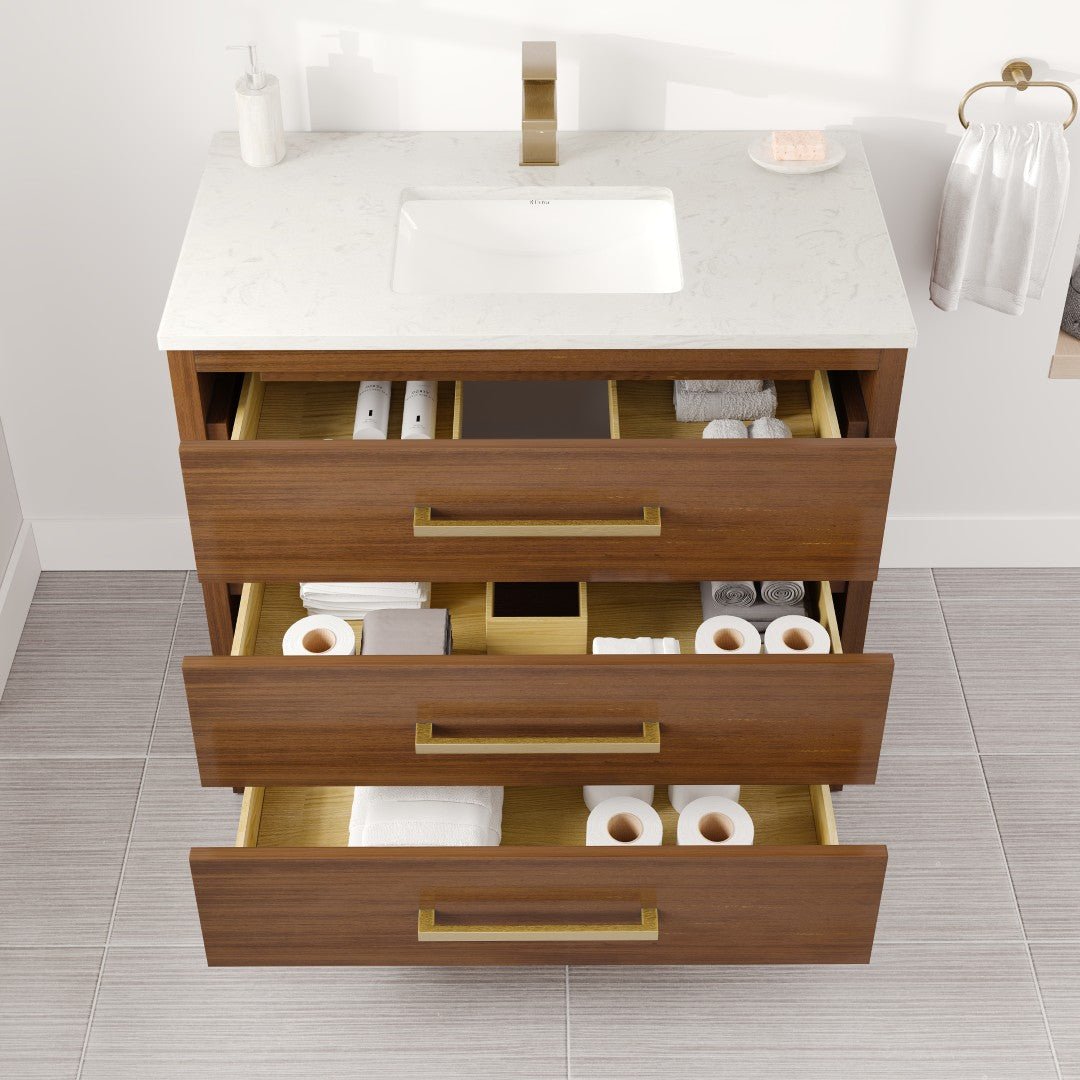 Curio 36 in. Walnut Single Sink Bath Vanity with Carrara Quartz Top and Undermount Porcelain Sink - Bathroom Vanity by Eviva