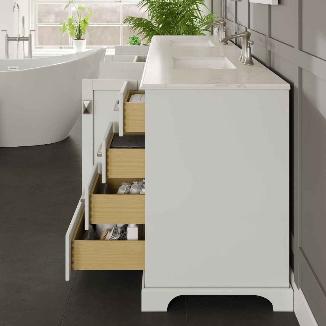 Storehouse 84 in. White Double Sink Bath Vanity with Carrara Quartz Top and Undermount Porcelain Sinks - Bathroom Vanity by Eviva