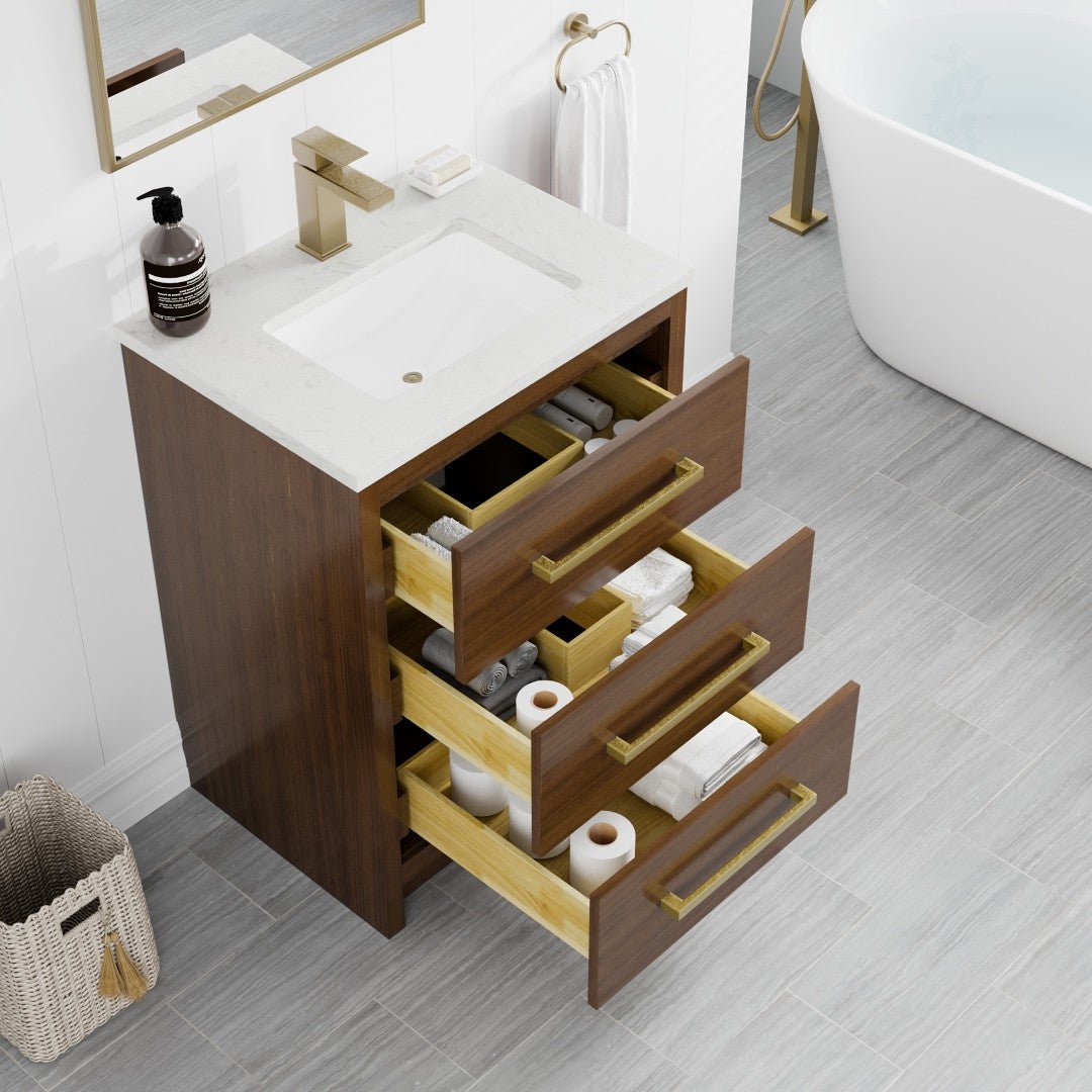 Curio 24 in. Walnut Single Sink Bath Vanity with Carrara Quartz Top and Undermount Porcelain Sink - Bathroom Vanity by Eviva
