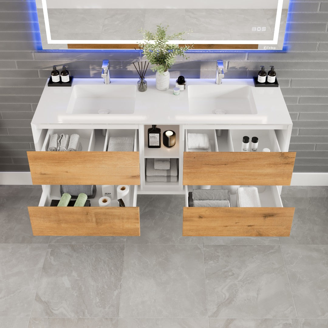 Vienna 60" WH Oak Wall Mount Double Sink Bath Vanity with Acrylic Top and Integrated Sinks