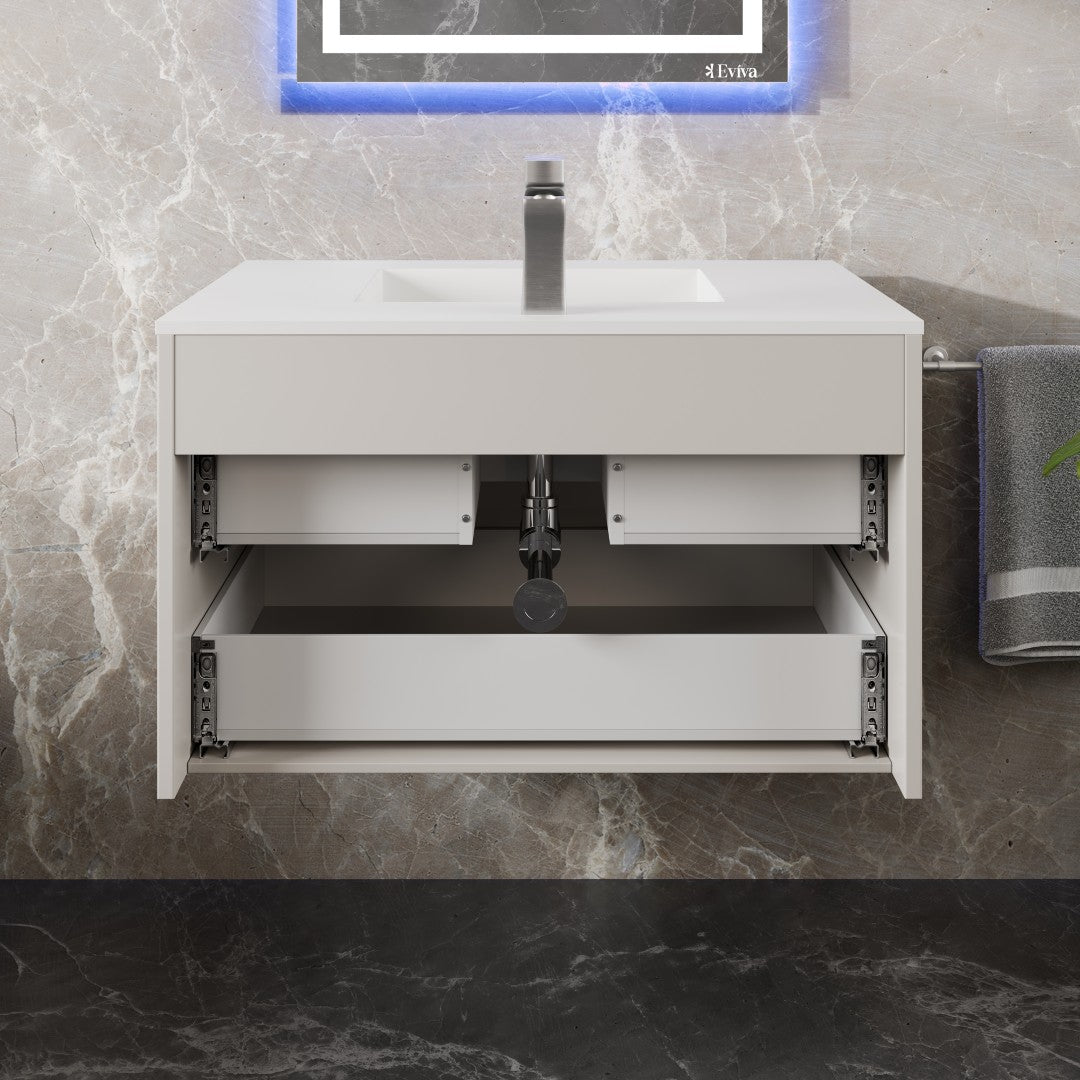 Element 32 in. White Wall Mount Single Sink Bath Vanity with Solid Surface Top and Integrated Sink