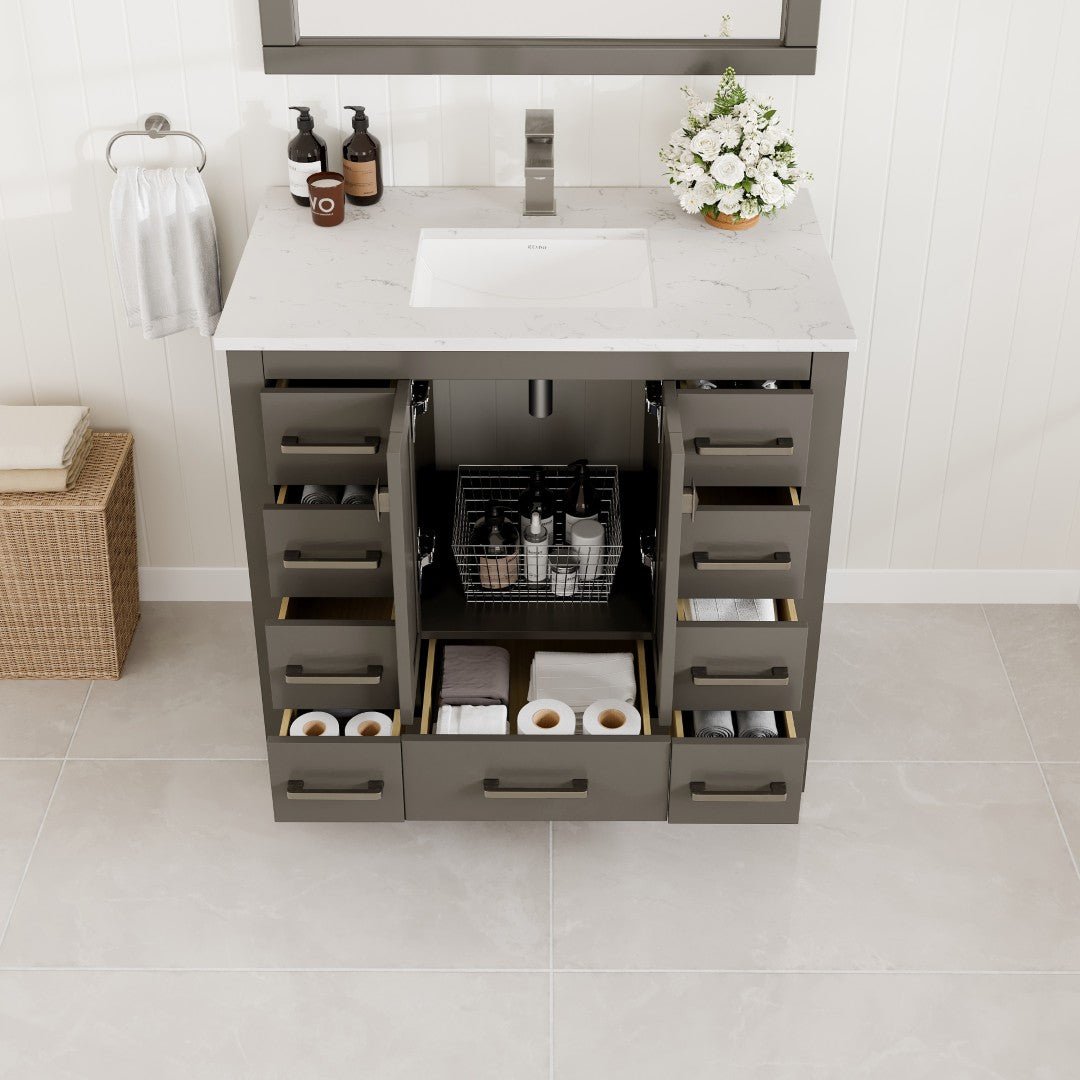 Hampton 36" x 18" Dark Gray Single Sink Bath Vanity with Carrara Quartz Top and Undermount Porcelain Sink - Bathroom Vanity by Eviva