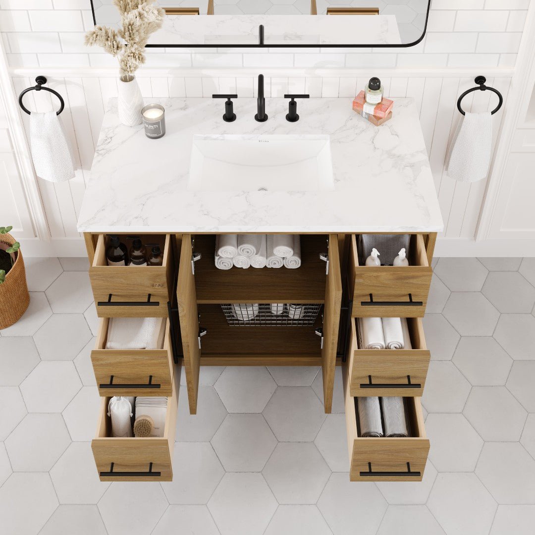Graham 42 in. Oak Single Sink Bath Vanity with Arabescato Engineered Stone Top and Undermount Porcelain Sink - Bathroom Vanity by Eviva