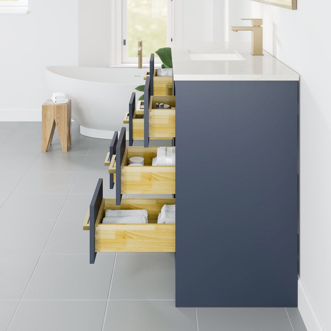 Curio 42 in. Dark Blue Single Sink Bath Vanity with Carrara Quartz Top and Undermount Porcelain Sink - Bathroom Vanity by Eviva