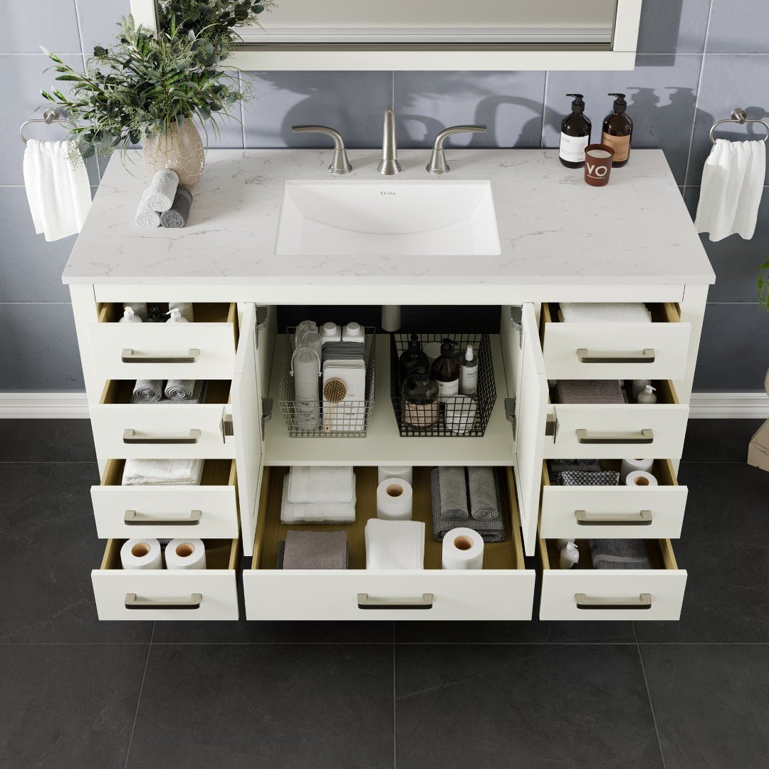 Aberdeen 54 in. White Single Sink Bath Vanity with Carrara Quartz Top and Undermount Porcelain Sink - Bathroom Vanity by Eviva