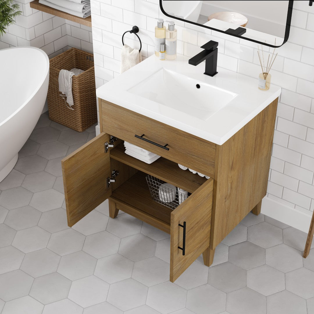 Graham 30 in. Oak Single Sink Bath Vanity with Porcelain Top and Integrated Sink