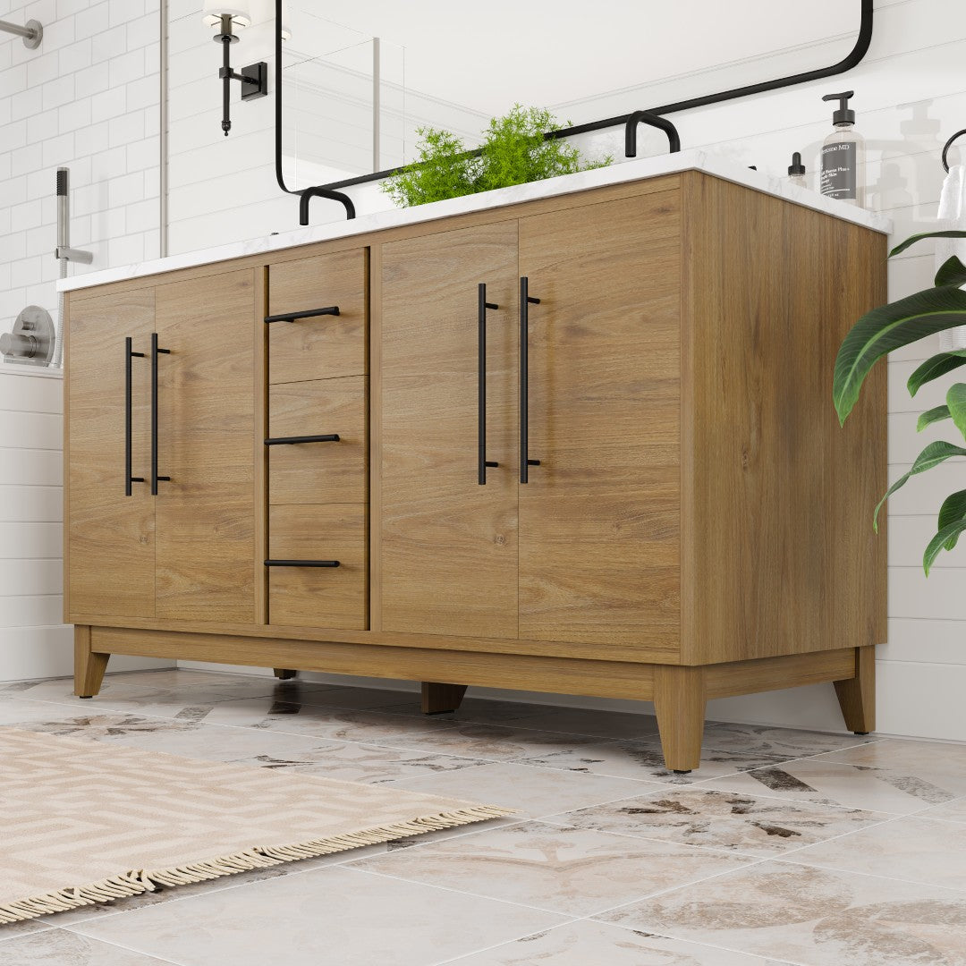 Graham 60 in. Oak Double Sink Bath Vanity with Arabescato Engineered Stone Top and Undermount Porcelain Sinks